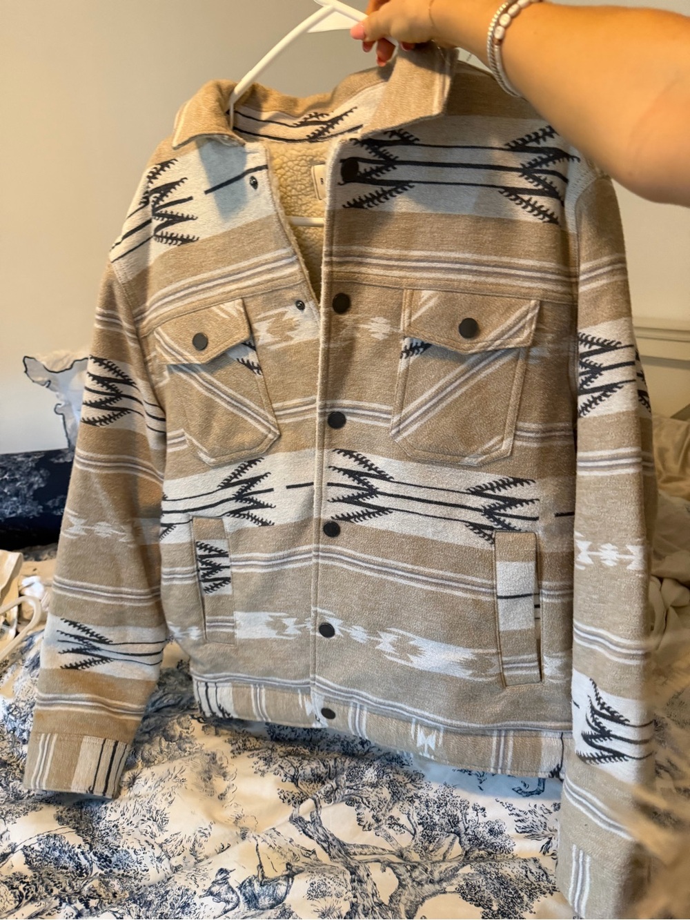 ROWM Men's Tan Aztec Patterned Shacket with fuzzy lining